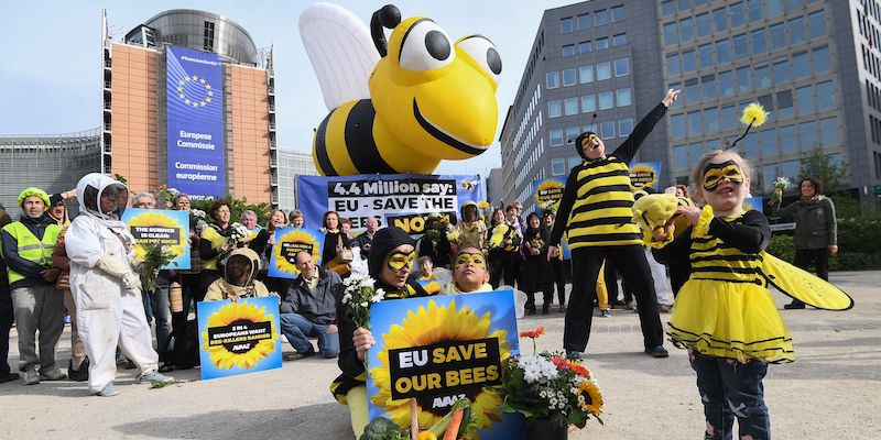 Manifestazione in difesa delle api organizzata dall'ong Avaaz a Bruxelles, in Belgio, davanti alla sede della Commissione Europea, il 27 aprile 2018 (EMMANUEL DUNAND/AFP/Getty Images)