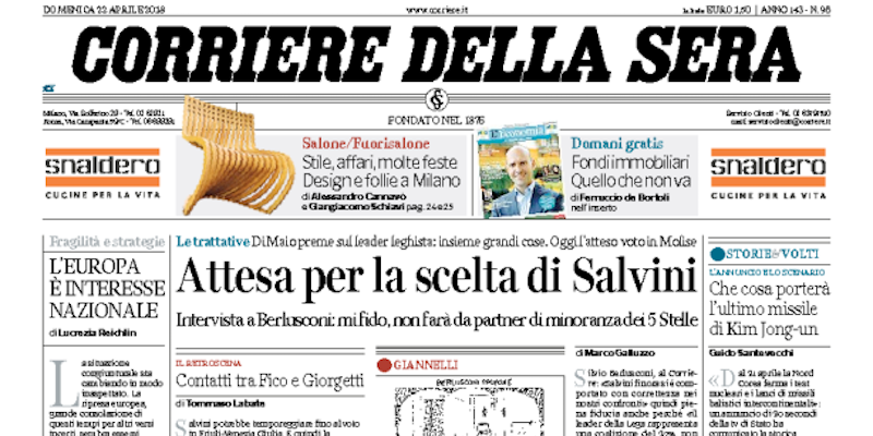 Le prime pagine di domenica 22 aprile 2018