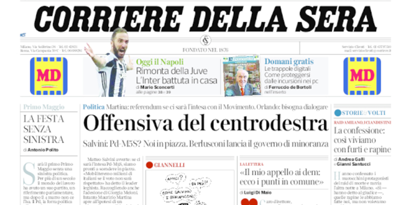 Le prime pagine di domenica 29 aprile 2018