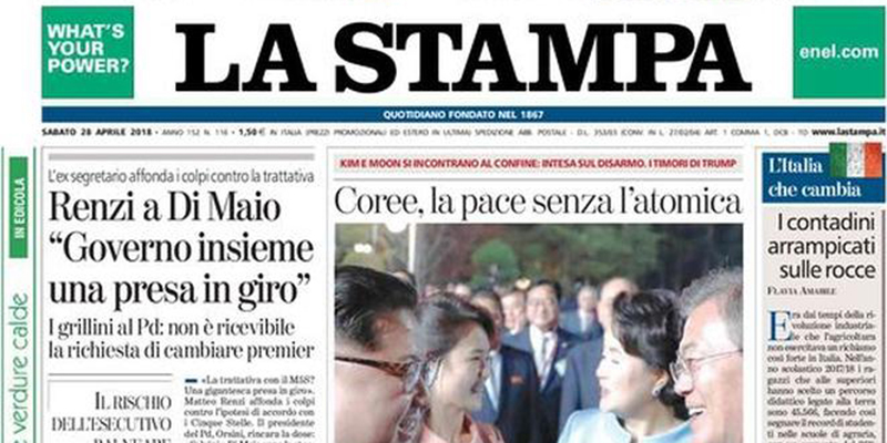 Le prime pagine di sabato 28 aprile 2018