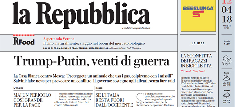 Le prime pagine di giovedì 12 aprile 2018