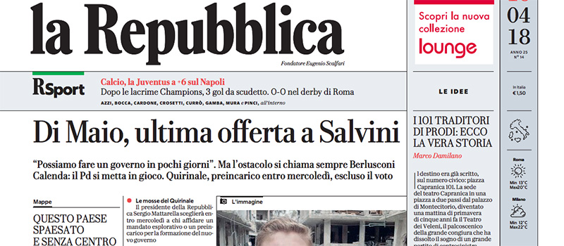 Le prime pagine di lunedì 16 aprile 2018