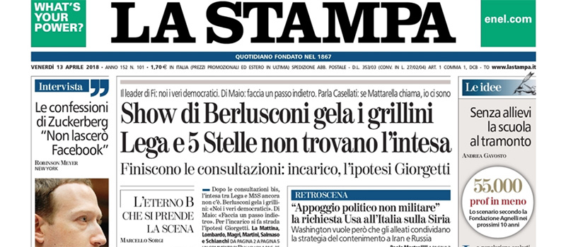Le prime pagine di venerdì 13 aprile 2018