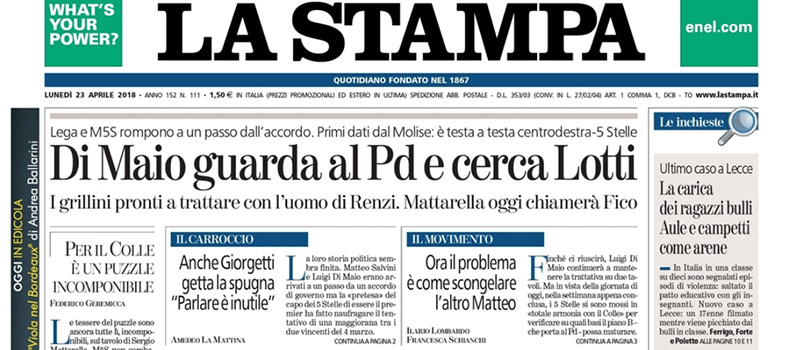Le prime pagine di lunedì 23 aprile 2018