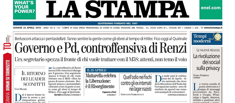 Le prime pagine di giovedì 26 aprile 2018