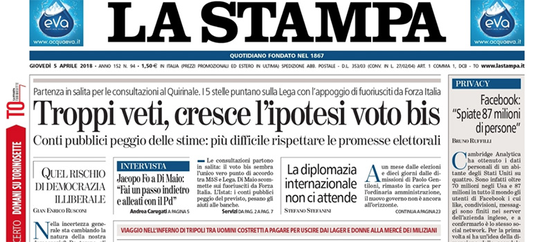 Le prime pagine di giovedì 5 aprile 2018
