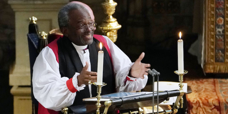 Il vescovo Michael Bruce Curry durante il sermone che ha tenuto al matrimonio del principe britannico Harry e di Meghan Markle nella cappella di St George, nel castello di Windsor, 19 maggio 2018 (Owen Humphreys / POOL / AFP) (Photo credit should read OWEN HUMPHREYS/AFP/Getty Images)