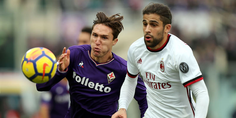 Federico Chiesa e Ricardo Rodriguez nella partita di andata tra Fiorentina e Milan (Gabriele Maltinti/Getty Images)