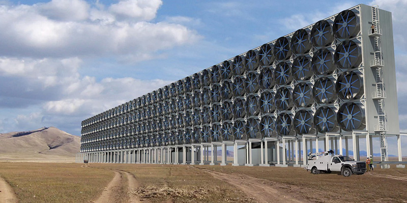 Un impianto di sottrazione dell'anidride carbonica dall'aria immaginato in un'elaborazione grafica (Carbon Engineering)