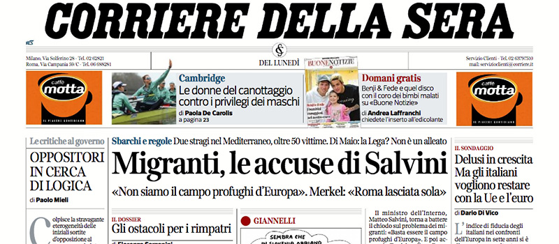 Le prime pagine di lunedì 4 giugno 2018