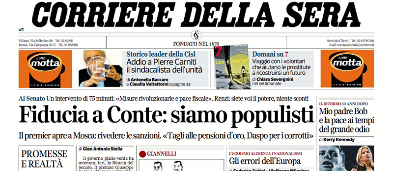 Le prime pagine di mercoledì 6 giugno 2018