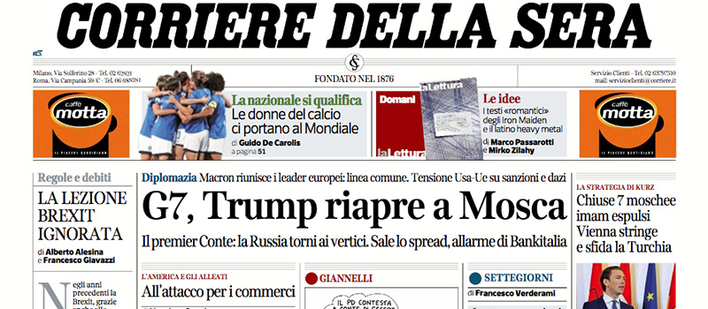 Le prime pagine di sabato 9 giugno 2018