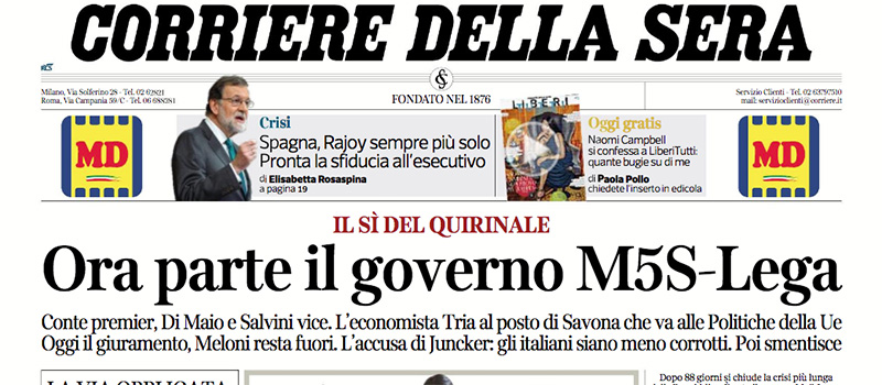 Le prime pagine di venerdì 1 giugno 2018