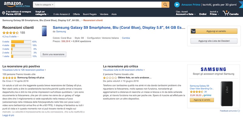 La recensione più positiva e quella più negativa sul Samsung Galaxy S9 su Amazon