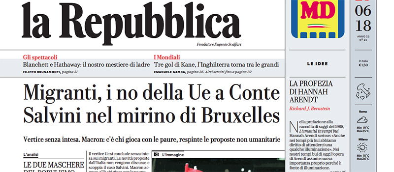 Le prime pagine di lunedì 25 giugno 2018