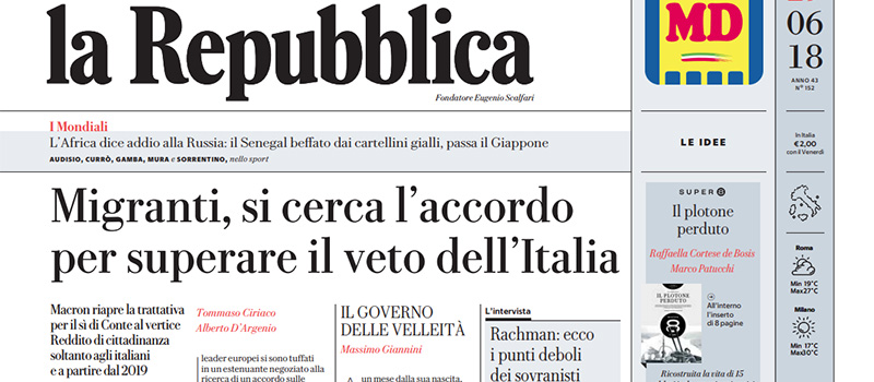 Le prime pagine di venerdì 29 giugno 2018
