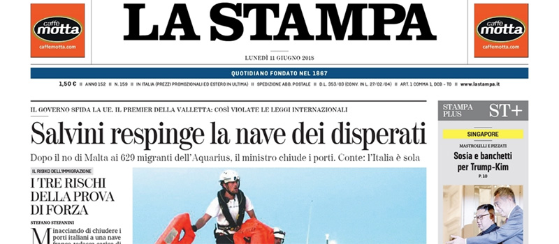 Le prime pagine di lunedì 11 giugno 2018