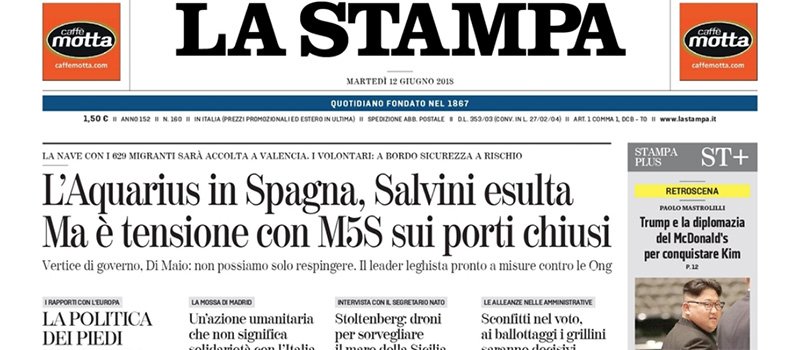 Le prime pagine di martedì 12 giugno 2018