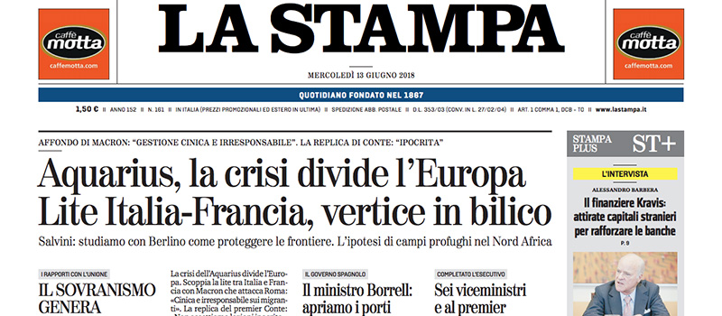 Le prime pagine di mercoledì 13 giugno 2018