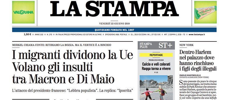 Le prime pagine di venerdì 22 giugno 2018