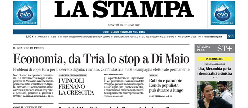 Le prime pagine di giovedì 28 giugno 2018