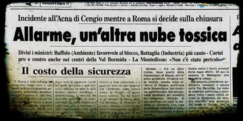 La notizia della nube tossica dallo stabilimento ACNA di Cengio sulla prima pagina della "Stampa" - 24 luglio 1988