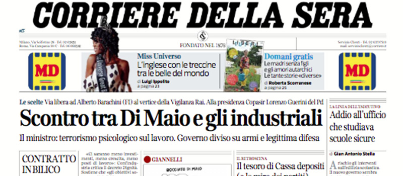 Le prime pagine di giovedì 19 luglio 2018