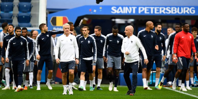 La Francia alla Zenit Arena di San Pietroburgo per l'ultimo allenamento prima della finale (GABRIEL BOUYS/AFP/Getty Images)
