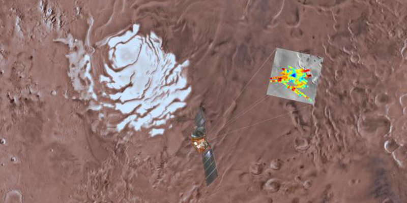 Elaborazione grafica che mostra la sonda spaziale MRO mentre rileva la riserva d'acqua sotto la superficie marziana (INAF)