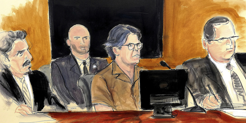 Un'illustrazione di Keith Raniere, il leader di Nxivm, durante un'udienza a Brooklyn, il 13 aprile 2018 (Elizabeth Williams via AP, File)