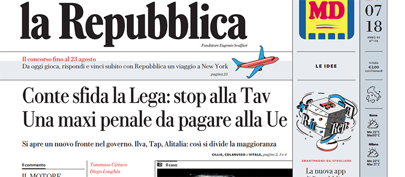 Le prime pagine di venerdì 27 luglio 2018