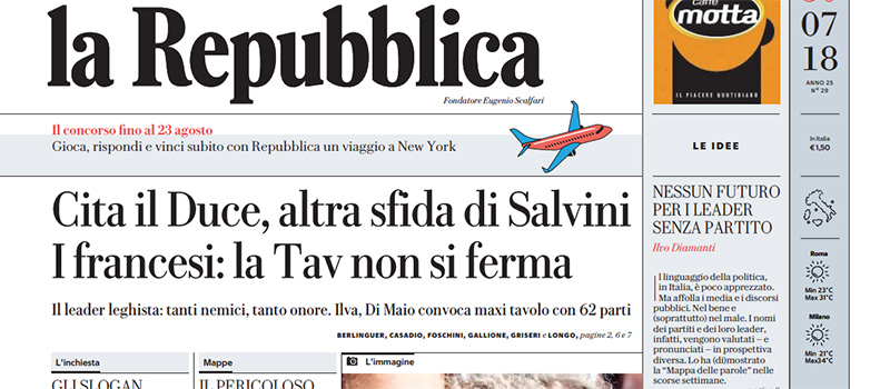 Le prime pagine di lunedì 30 luglio 2018