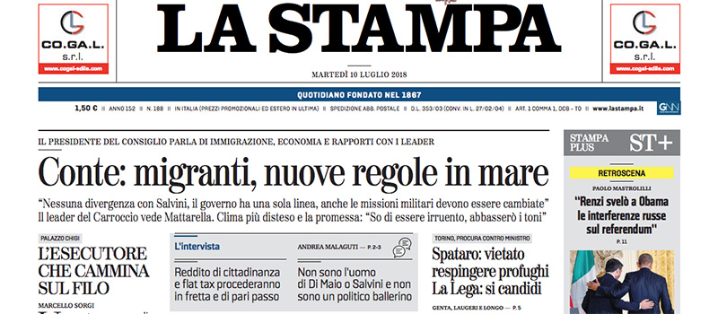 Le prime pagine di martedì 10 luglio 2018