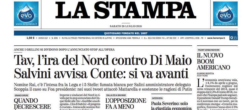 Le prime pagine di sabato 28 luglio 2018