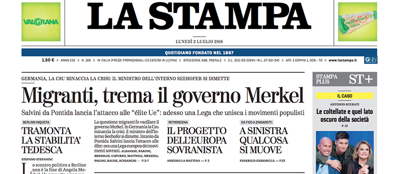 Le prime pagine di lunedì 2 luglio 2018