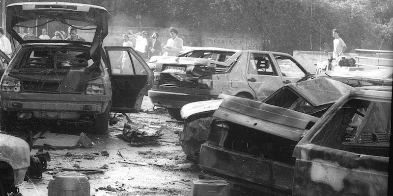 La scena dell'attentato in via D'Amelio in cui rimase ucciso il magistrato Paolo Borsellino nel 1992 (ANSA/ARCHIVIO)