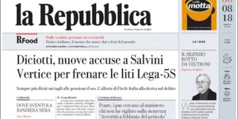 Le prime pagine di giovedì 30 agosto 2018