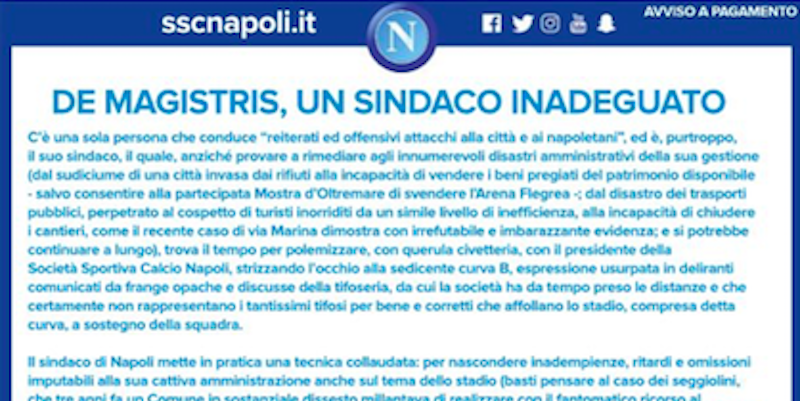 Il Napoli ha comprato una pagina del Corriere della Sera per criticare De Magistris