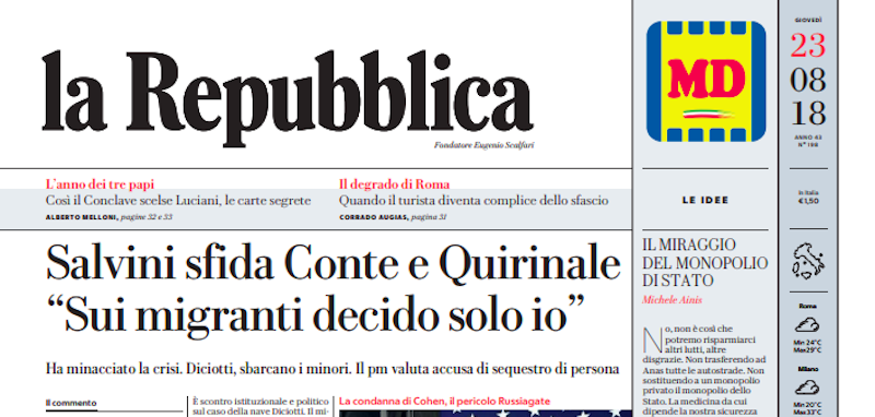 Le prime pagine di giovedì 23 agosto 2018