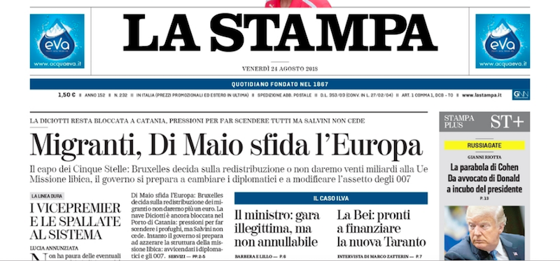 Le prime pagine di venerdì 24 agosto 2018