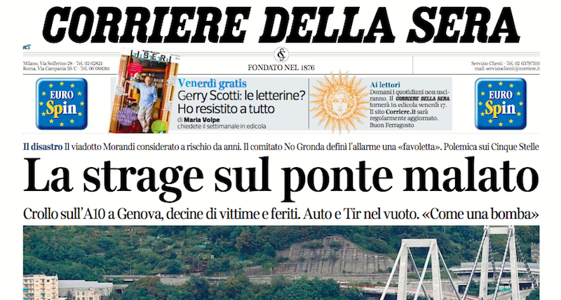 Le prime pagine di mercoledì 15 agosto 2018