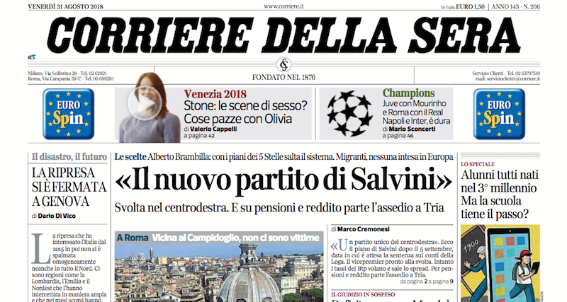 Le prime pagine di venerdì 31 agosto 2018