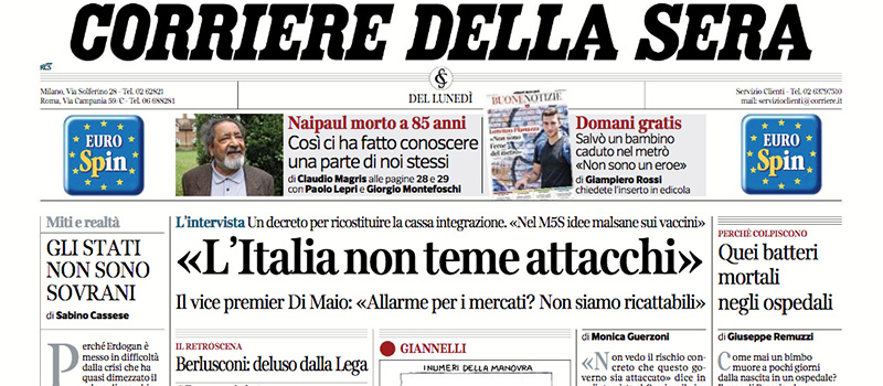 Le prime pagine di lunedì 13 agosto 2018