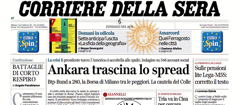 Le prime pagine di martedì 14 agosto 2018