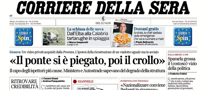 Le prime pagine di lunedì 20 agosto 2018