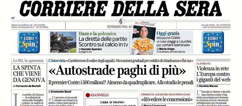 Le prime pagine di martedì 21 agosto 2018