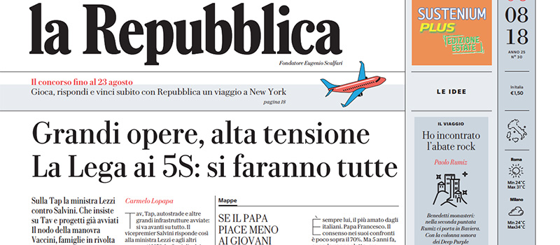 Le prime pagine di lunedì 6 agosto 2018