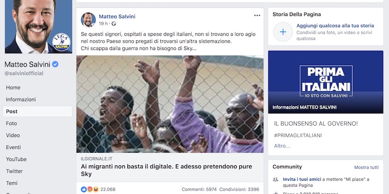 La condivisione della bufala sui richiedenti asilo di Vicenza sulla pagina Facebook di Matteo Salvini