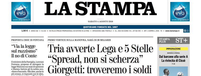 Le prime pagine di sabato 4 agosto 2018