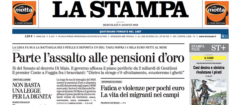Le prime pagine di mercoledì 8 agosto 2018